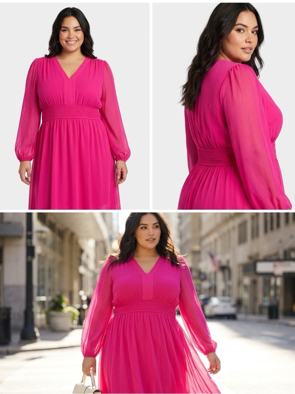 Jessica Simpson Hot Pink Chiffon V-Neck Midi Dress Long Sleeve 1X Plus Size